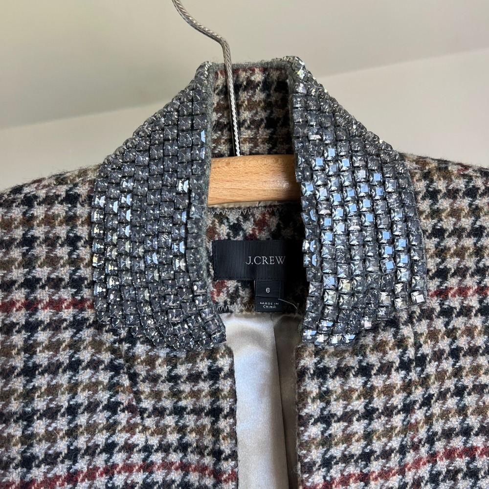 J.Crew Regent Blazer Size 6 Houndstooth Rhinestone Gem Collar Wool Jacket Preppy - Picture 5 of 10